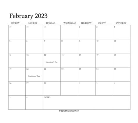 Editable Calendar February 2023