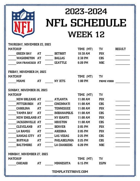 Printable 2023-2024 NFL Schedule Week 12