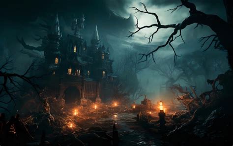 Premium AI Image | Scary spooky castle in night of full moon and bats flying Halloween concept