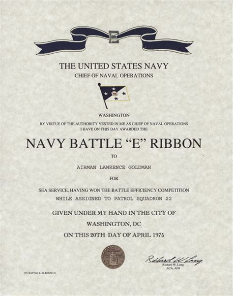 Navy Battle E Ribbon Certificat