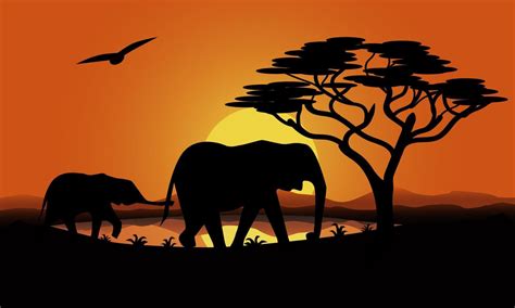 a family of elephants at sunset in Africa. Mom elephant and baby elephant. Silhouettes. cartoon ...