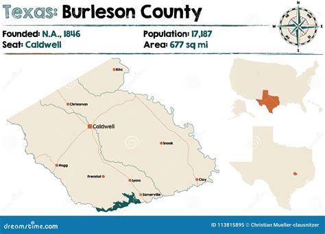 Map of Burleson County in Texas Stock Vector - Illustration of rivers ...