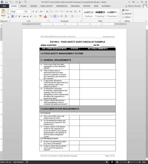 Fsms Food Safety Audit Checklist Template | Fds1160-3 within ...