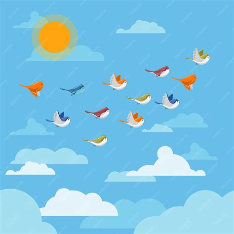 Free Vector | Cartoon flying birds in the sky with clouds and sun illustration.