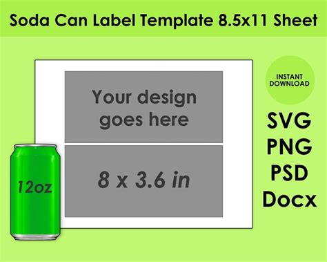 12oz Soda Can Label Template SVG, PNG, PSD and Docx 8.5x11 Sheet - Etsy | Label templates, Soda ...