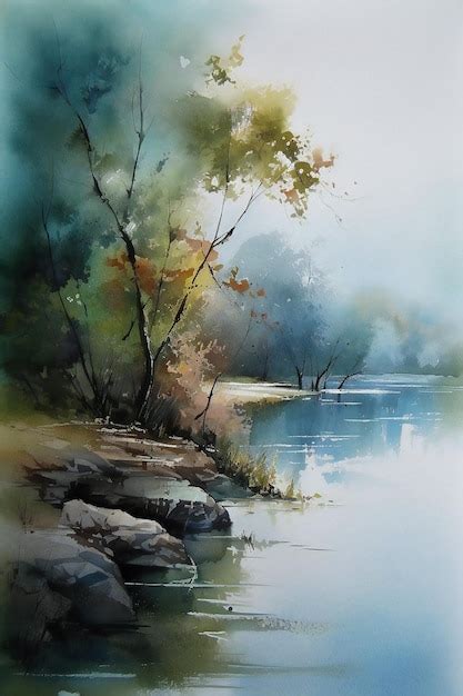 Premium Photo | Watercolor painting of a river scene with trees and rocks.