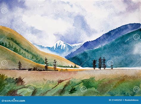 Watercolor Landscape with Mountains Stock Illustration - Illustration of rock, summer: 21445252