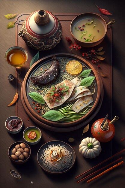 Premium AI Image | A chinese food is displayed on a table.