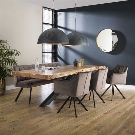 Table à manger bois et métal bordure naturelle pied central métal croisé style moderne | Salle à ...