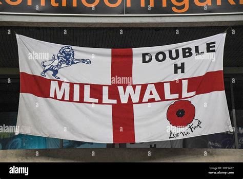 Millwall fans flags hanging up around the stadium Stock Photo - Alamy