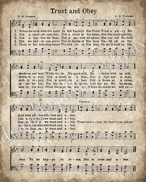 Trust and Obey Hymn Print, Printable Vintage Sheet Music, Instant Download, Antique Hymnal Page ...