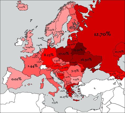 Europe by WW2 casualties as a percentage of the population : r/europe