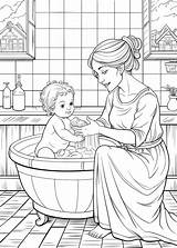 Mother bathing Child coloring Page In Vintage Style  Premium AI sketch template
