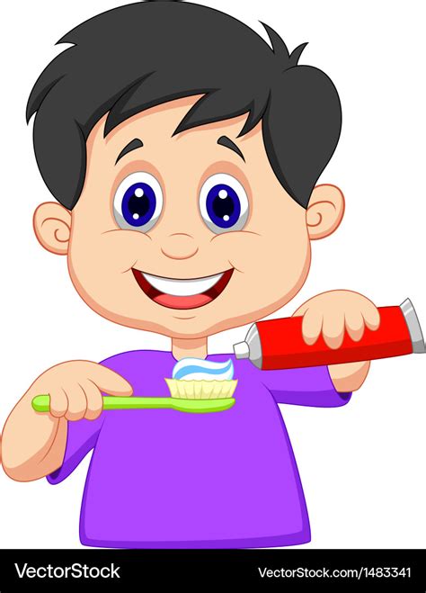 Kid cartoon squeezing tooth paste on a toothbrush Vector Image