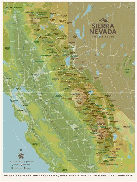 Sierra Nevada, Sierra Nevada Map, California Map, California Gifts, Poster of California, Push ...