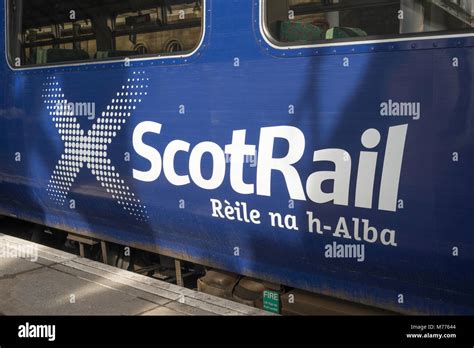 ScotRail logo on the side of a carriage with Gaelic Rèile na h-Alba (Scotland's Railway Stock ...