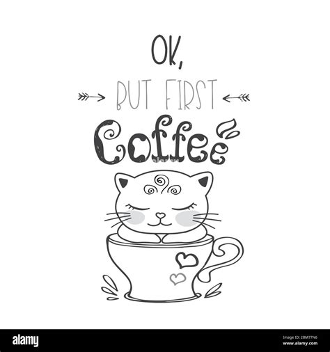 Funny cute kitten in coffee mug,lettering on background,vector illustration Stock Vector Image ...