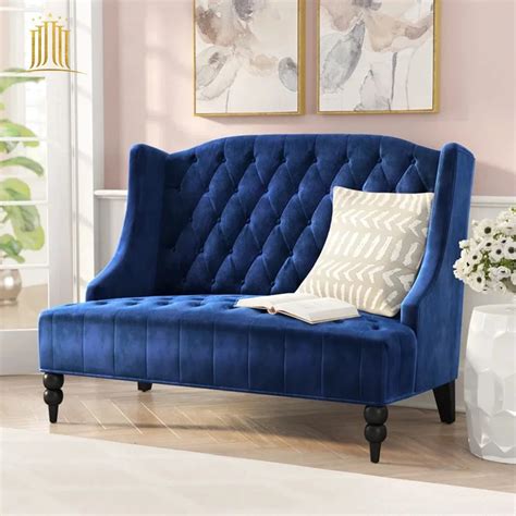 Customization Hotel Furniture Upholstered Blue Velvet Fabric Two Seater ...