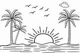 Summer Sunset Tropical Beach Line Art Vector Illustration Hand Drawn  sketch template