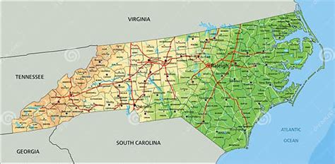 Detailed North Carolina Physical Map with Labeling. Stock Vector ...