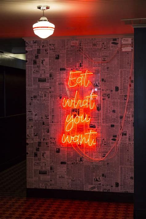 Pink neon wall sign. "Eat Whatever You Want" Superfine Has Something ...