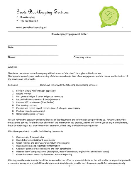 Bookkeeping Engagement Letter Template