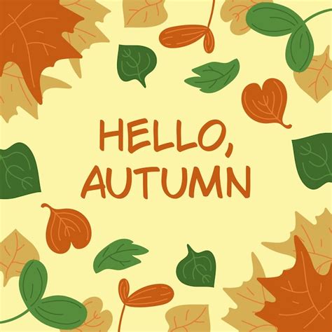 Premium Vector | Autumn card square card with autumn leaves and the phrase hello autumn cartoon ...