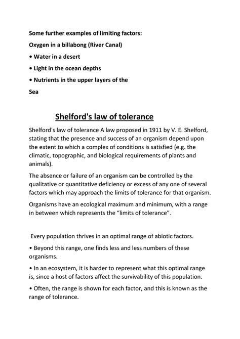 Shelford's law of tolerance - Some further examples of limiting factors: Oxygen in a billabong ...