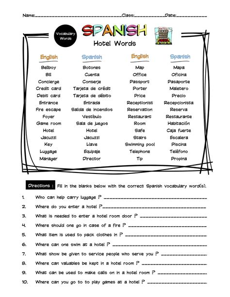 Spanish Hotel Vocabulary Word List Worksheet & Answer Key | Made By ...