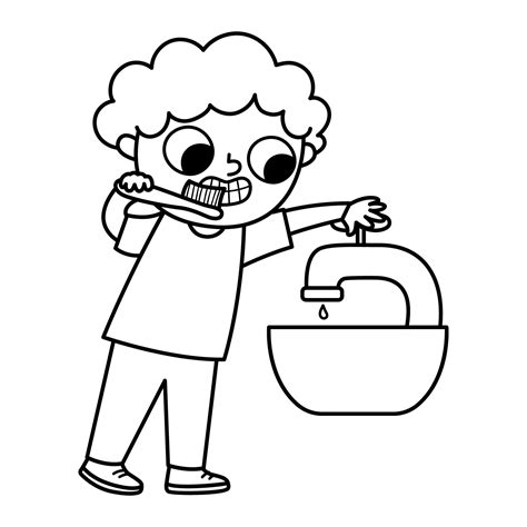 Black and white boy saving water icon. Cute line eco friendly kid ...