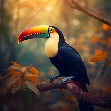 Premium AI Image | Toucan bird sitting on a branch in the forest at sunset