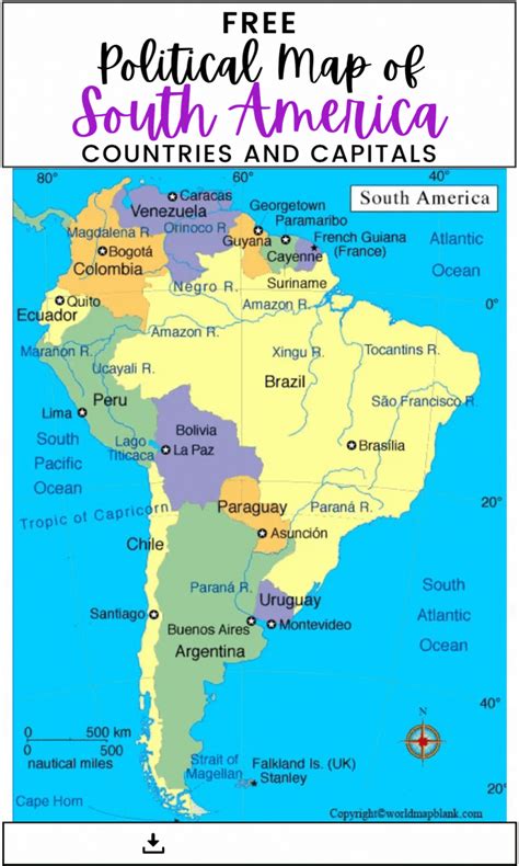 Printable labeled map of south america political with countries – Artofit