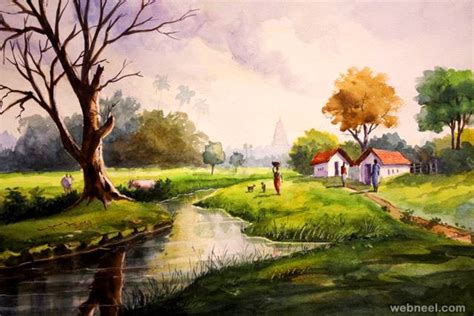 Easy Watercolor Painting Village Scenery - just-imaginee