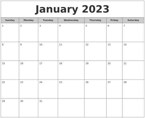 January 2023 Free Monthly Calendar