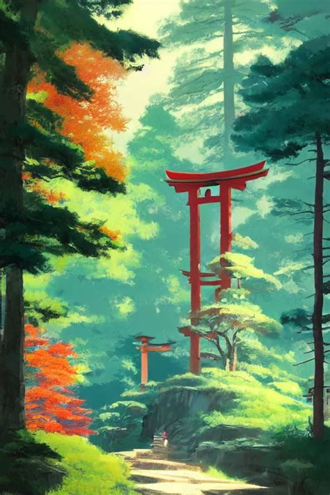 Japanese Torii in a colorful moutain with trees | Stable Diffusion