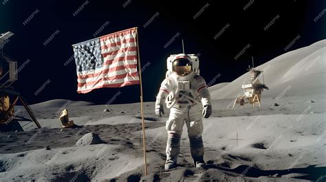 Premium AI Image | An astronaut standing proudly next to the American flag on the moon