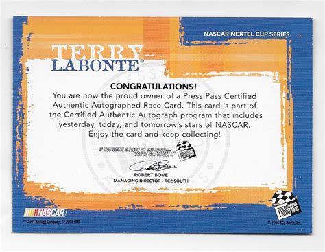 Terry Labonte NASCAR 2005 Press Pass Authentics auto blue Autograph ...