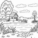 Coloriage de Paysage Chalet Au bord Dun Lac En Noir Et Blanc  sketch template