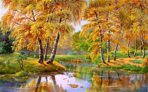 Download Pond Birch Tree Fall Artistic Painting HD Wallpaper