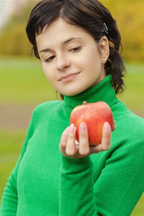 Smiling Cute Woman Bites Ripe Apple Stock Photo - Image of diet, natural: 39530016