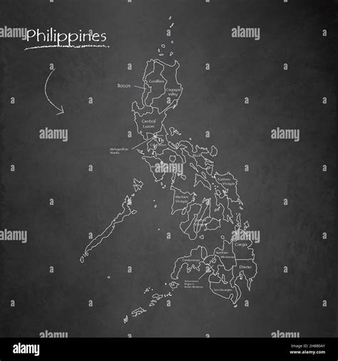 Philippines map, separates regions and names, design card blackboard, chalkboard vector Stock ...