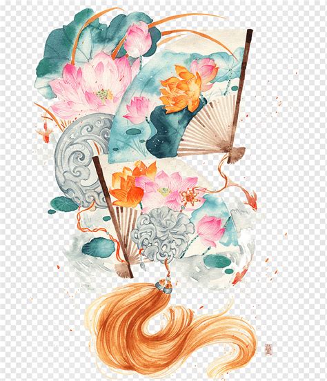 Beautiful hand-drawn illustration antiquity, paper fan, chinese style, color ink png | PNGWing