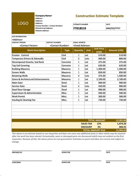 √ Free Printable Contractors Estimate Template