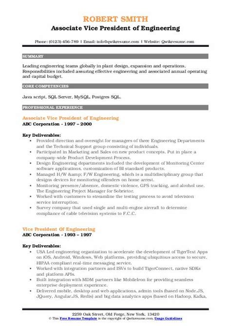 Vice President Of Engineering Resume Samples | QwikResume