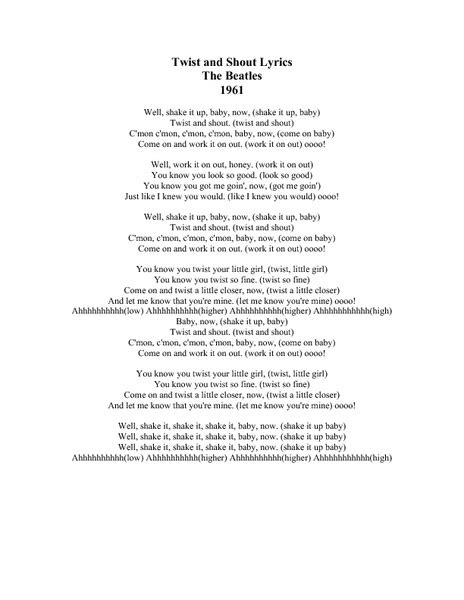 Twist and Shout Lyrics Worksheet for 8th - 12th Grade | Lesson Planet