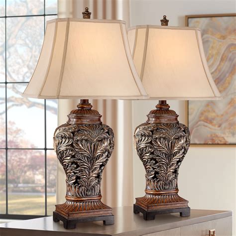 Barnes and Ivy Traditional Table Lamps Set of 2 Bronze Curling Leaves Tan Rectangular Shade for ...