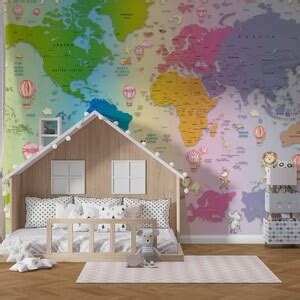 Kids Map Wallpaper, Peel and Stick Cute World Map Wallpaper, Wall Cover Kids Room Nursery, Child ...