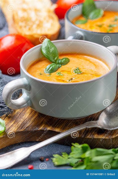 Delicious Tomato Soup with Spices and Herbs Stock Image - Image of gourmet, basil: 157441081