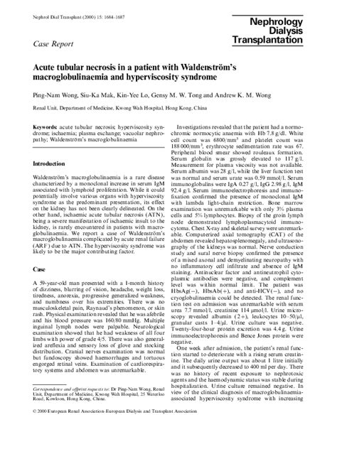 (PDF) Acute tubular necrosis in a patient with Waldenstrom's macroglobulinaemia and ...