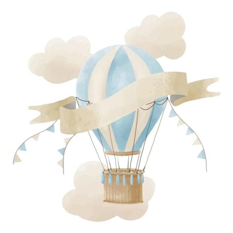 Watercolor hot Air Balloon with clouds and space for text. Hand drawn ...